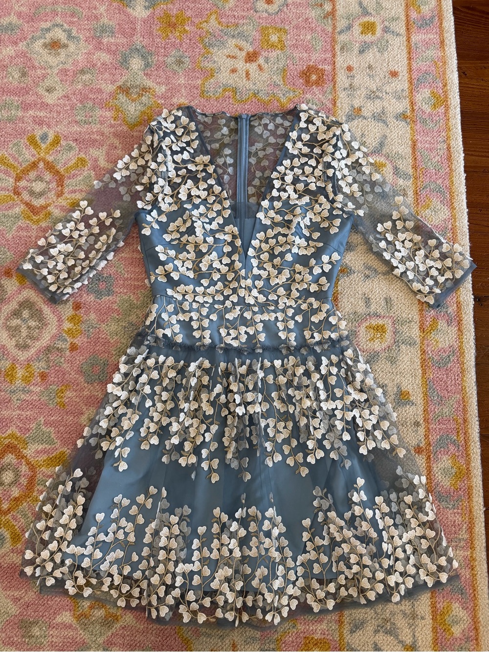 BCBGMaxAzria Blue Dress with White 3D Floral Appliqués